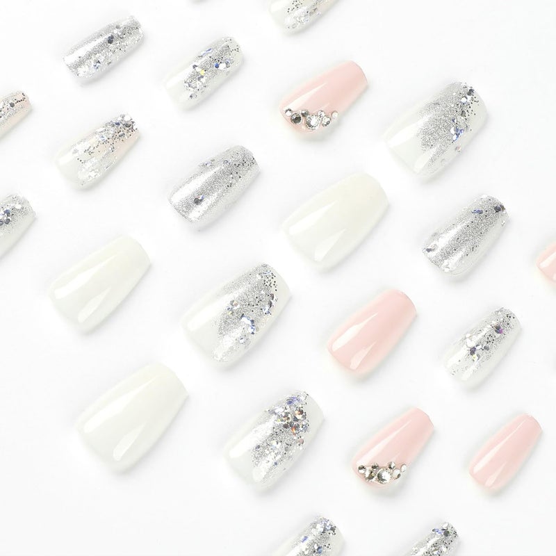 Vopintpy Silver Glitter Press on Nails Medium Square Fake Nails with Rhinestones Design Glossy Pink White Artificial False Nails for Women Girls DIY Manicure Decoration Reusable Stick on Nails Glue on Nails - Image 3
